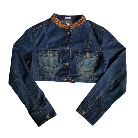 Y2k Street Blues Dark Wash Cropped Denim Jacket W/ Rhinestones - Large - Picture 5 of 8
